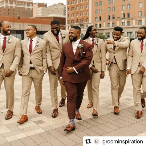 Champagne Tuxedo Groomsmen, Burnt Orange Wedding Groomsmen Grey Suits, Fall Groomsmen Attire Black, Shades Of Brown Groomsmen Suits, Copper Groomsmen Attire, Rust Wedding Color Groomsmen, Earth Tone Groomsmen, Maroon Groomsmen Attire, Groomsmen Attire Brown