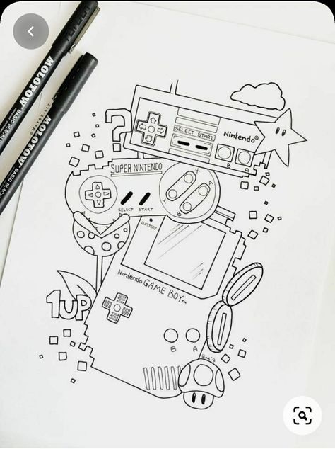 Super Mario Sketch, Nintendo Tattoo Ideas, Pokemon Drawings Sketches, Simple Tattoo Outlines, Nintendo Tattoo, Drawing Outlines, Tattoo Graffiti, ليلو وستيتش, Cartoon Tattoo