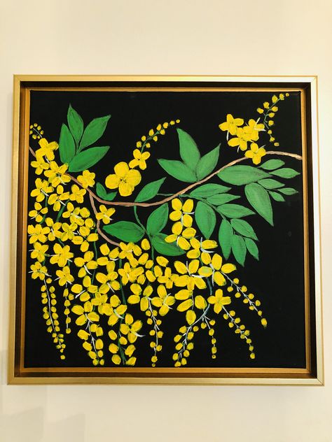 Indian Canvas Painting Ideas, Kanikonna Flower Drawing, Painting With Yellow Background, Indian Canvas Painting, Black And Yellow Painting, Sunflower Painting Black Background, Yellow Flower Canvas Painting, Painting Yellow Flowers, Mekhela Chador