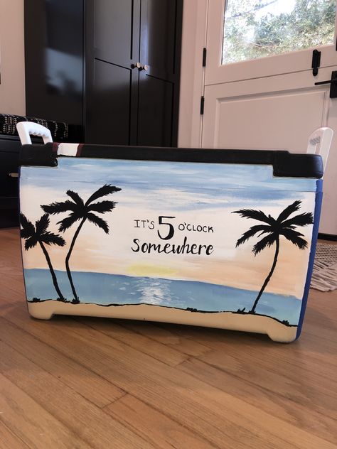 Beach Cooler Painting, Frat Coolers Beach, Painted Frat Cooler Ideas, Frat Beach Weekend Cooler, Beach Frat Cooler, Cooler Painting Ideas, Pike Cooler, Mountain Weekend Cooler, Painted Fraternity Coolers