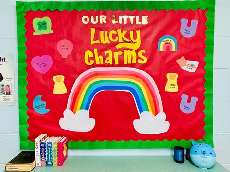 Rainbow Birthday Bulletin Board Ideas, Rainbow Birthday Board, March Birthday Bulletin Boards, Lucky Charms Classroom Door, Rainbow Birthday Charts For Classroom, Daycare Birthday Boards, Lucky Charms Bulletin Board, Daycare Classroom, Pipe Cleaner Flowers