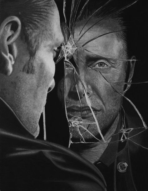 Mads Mikkelsen (aka Hannibal) by Paul-Shanghai.deviantart.com on @deviantART Reflection Drawing, Mirror Drawings, Ap Drawing, Mirror Photography, Reflection Art, Glass Photography, Broken Mirror, Reflection Photography, Mirror Painting