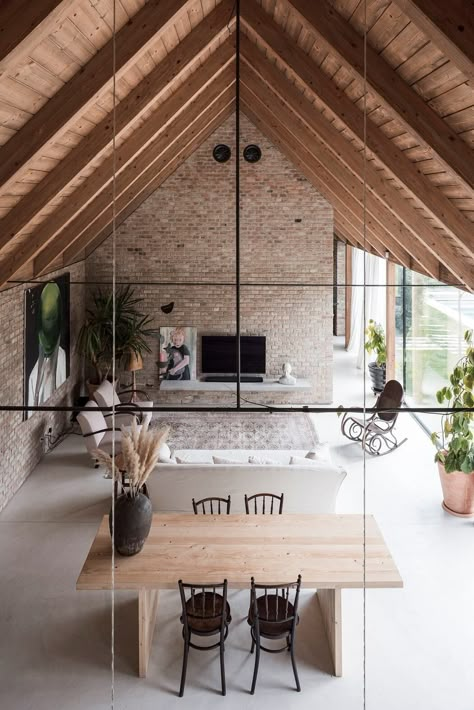 House V by Martinskoček Zinc Roof, Recycled Brick, Brick Interior, Agricultural Buildings, Timber Ceiling, Roof Trusses, Loft Room, Vernacular Architecture, Free Standing Bath Tub