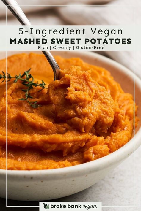 Try vegan mashed sweet potatoes for a rich, creamy, and sweet side dish without the need for dairy-based ingredients! This recipe is ready in less than 30 minutes and made with just 5 ingredients. It’s decadent enough for the holidays but quick and easy enough to make for busy weeknight dinners. #veganmashedsweetpotatoes #mashedsweetpotatoes #vegansides Dairy Free Mashed Sweet Potatoes, Vegan Sweet Potato Mash, Vegan Mashed Sweet Potatoes, Vegan Sweet Potato Recipes, Red Skin Mashed Potatoes, Vegan Sweet Potato Casserole, Vegan Breakfast Casserole, Sweet Potato Recipes Mashed, Mashed Sweet Potato