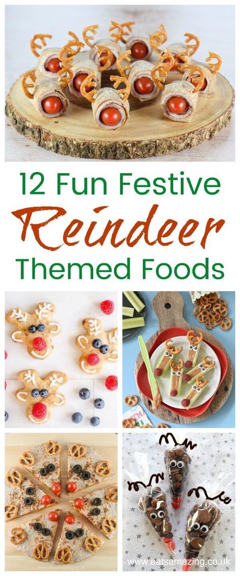 25 Fun Reindeer Themed Food Ideas and Recipes - Fun Christmas food for kids from Eats Amazing UK     #Christmasfood #Reindeer #rudolf #Christmaseve #Christmasgifts #funfood #cutefood #edibleart #foodart #kidsfood #familyfood #ediblegifts #christmasrecipes #christmascrafts #ediblecrafts Christmas Recipes For Toddlers, Rudolph Food Ideas, Reindeer Shaped Food, Rudolph Themed Dinner, Rudolph Party Food, Rudolph Movie Night Food, Rudolph Themed Food, Reindeer Themed Food, Reindeer Party Ideas