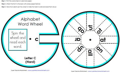 Cut the word wheel and attach both parts with paper fasteners.  Then spin to read the sight words.  STW has word wheels for each letter of the alphabet.  Check 'em out. Alphabet Wheel, Worksheets For Elementary, Word Wheel, 3 Letter Words, Cvc Word Activities, Alphabet Words, Elementary Learning, Cvc Word, Phonics Lessons