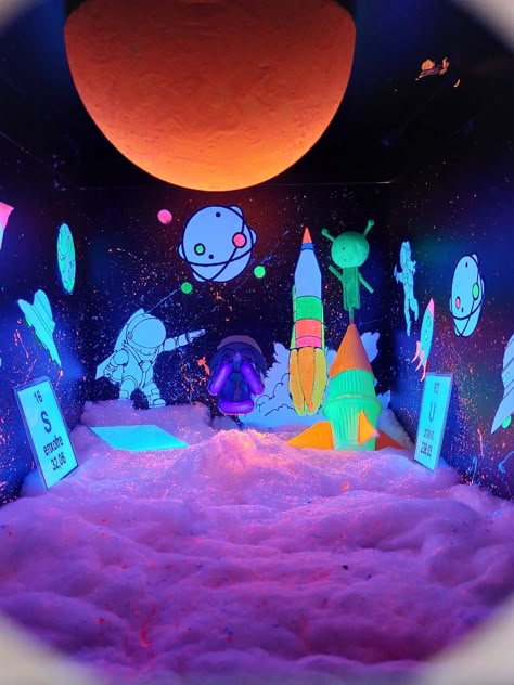 Planets Decorations Space Theme, Outer Space Glow Party, Space Theme Stage Design, Space Art Installation, Outer Space Set Design, Solar System Party Ideas, Diy Space Decor, Diy Space Decorations, Outer Space Party Decorations