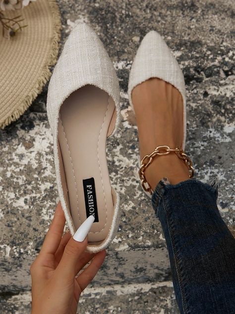 Beige  Collar     Embellished   Women Shoes Elegant Cheap Court Shoes For Office, Outfit Elegantes, Black Romper Shorts, Casual Pumps, Business Casual Shoes, Plus Size Mini Dresses, Midi Dress Plus Size, Elegantes Outfit, Pointed Toe Flats