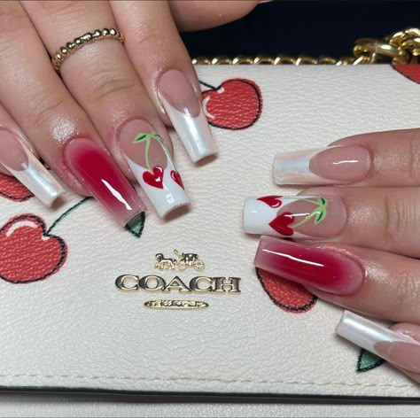 Cherry Nails, Classy Acrylic Nails, Pretty Gel Nails, Soft Nails, Unique Acrylic Nails, Bling Acrylic Nails, Acrylic Nails Coffin Short, Nail Art Ideas, Dream Nails