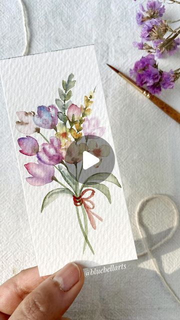 Watercolor Filler Flowers, Watercolor Cards Tutorial, Spring Watercolor Flowers, Watercolor Pansies Tutorial, Watercolor Flower Bouquet Simple, Watercolor Flowers Tutorial Step By Step, Watercolour Birthday Card Ideas, Water Paint Flowers, Water Coloring Ideas Easy