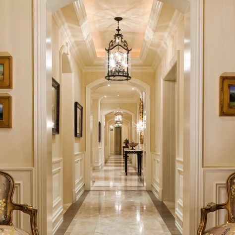 House Lobby, Hallway Pictures, Inlay Flooring, Old Money House, Wall Panel Molding, Hallway Light Fixtures, Hallway Design, Hall Design, Hallway Lighting