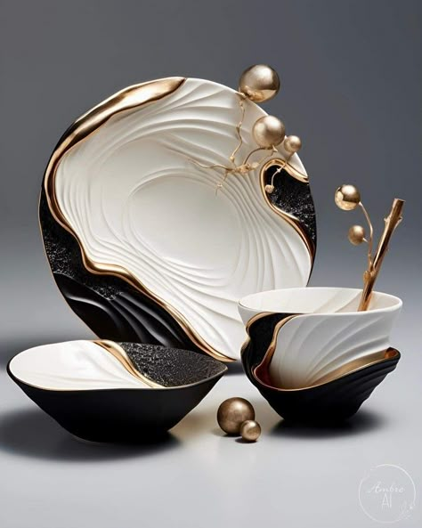 Modern Serveware, Kitchen Decor Collections, Crockery Design, Gold Wedding Favors, White Room Decor, Gold Dinnerware, Gold Cutlery, Metal Working Projects, Luxury Dinnerware