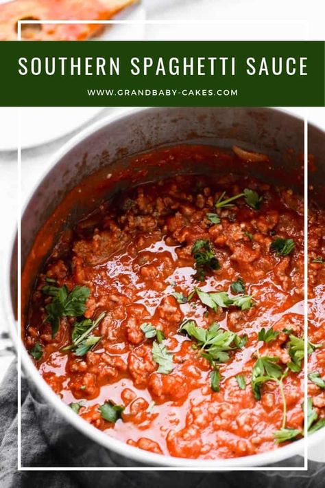 Perfect Southern Spaghetti Sauce Recipe- A savory and rich thick spaghetti meat sauce filled with aromatics, spices and herbs ready to devour over pastas or in baked dishes!  #spaghetti #pasta #spaghettisauce Southern Spaghetti, Italian Spaghetti Sauce, Homemade Spaghetti Sauce Recipe, Thm Dinner, Spagetti Recipe, Canned Spaghetti Sauce, Baked Spaghetti Recipe, Grandbaby Cakes, Italian Spaghetti