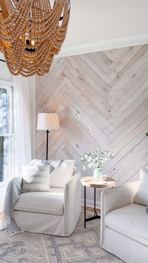 How to install a DIY herringbone accent wall with weathered wall boards from Weaber Lumber. This is the perfect coastal sitting room! Herringbone Plank Wall, Coastal Wall Paneling Ideas, Chevron Shiplap Wall, Shiplap Wallpaper Accent Wall, Shiplap Accent Wall Living Room, Coastal Accent Wall, Herringbone Wood Wall, Diy Accent Walls, Herringbone Accent Wall