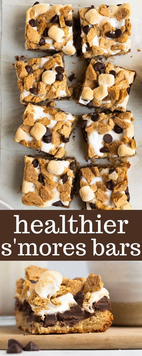 Need a delicious chocolatey dessert that will satisfy cravings and leave you feeling full of joy? Make Healthy S'mores Bars! They're incredibly easy and they taste just like the real campfire-toasted deal. Healthy Smores Recipes, Healthy Smores, Smores Recipes, Smores Recipe, S Mores Bars, Smores Dessert, Smore Recipes, Summer Sweets, S'mores Bar