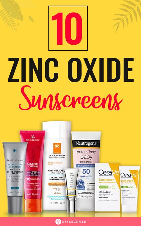 10 Best Zinc Oxide Sunscreens You'll Need This Summer: Zinc oxide is found in the sunscreens that are recommended by dermatologists because they don’t contain oxybenzone, which is very common in most other sunscreens. We have rounded up the best zinc oxide sunscreen lotions available on the market right now. Let’s take a look! #Sunscreen #Skincare #Summer Best Sunscreen, Homemade Zinc Oxide Sunscreen, Chemical Sunscreen Vs Physical Sunscreen, Drmtlgy Tinted Sunscreen, Uv Sunscreen, Best Mineral Sunscreen, Best Drugstore Sunscreen, Sunscreen Recipe, Zinc Sunscreen