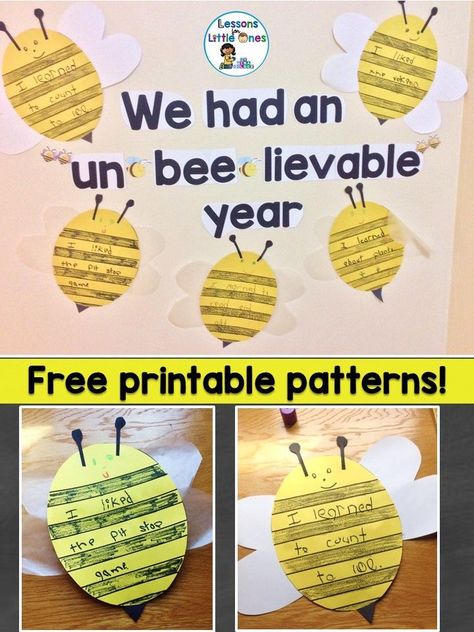 Free bee patterns for this end of the year bulletin board "We Had an "Un-BEE-lievable" Year that gets students to reflect back on the school year #endoftheyear #bulletinboard #free Bee Bulletin Board Ideas, Kudos Board, Bee Bulletin Boards, Spring Worksheets, Prek Graduation, Grouchy Ladybug, Kindergarten Bulletin Boards, O Block, Wall Boards