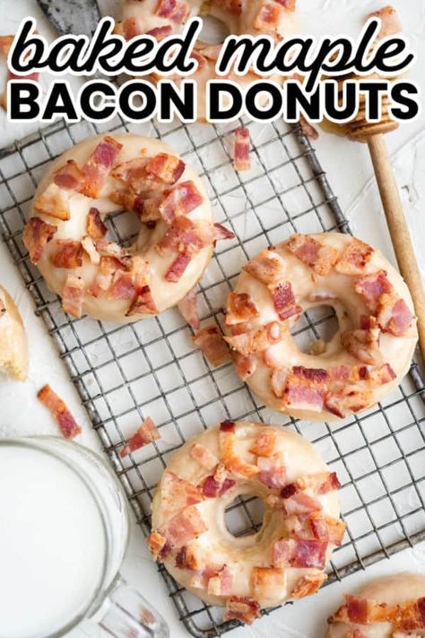 I didn't really think donuts could get better, and then I made Baked Maple Bacon Donuts and I think this is the best food will ever get! #BreadBoozeBacon #maple #bacon #donuts #bakeddonuts #cakedonuts #breakfast #brunch #baconlover Maple Bacon Donuts Recipe, Bacon Donuts Recipe, Dates With Bacon, Pasta Salad With Bacon, Glazed Doughnuts Recipe, Bacon Ice Cream, Bacon Cake, Maple Bacon Donut, Power Rings