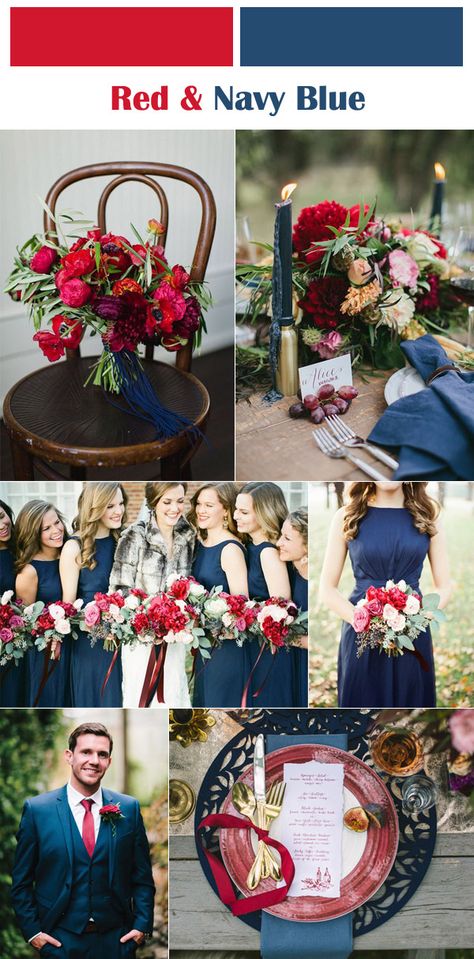 red and navy blue color ideas for fall and winter weddings Navy Blue Wedding Colors, Blue Wedding Colors, Blue Table Settings, Winter Wedding Color Palette, Wedding Color Scheme, Pantone 2020, Red Wedding Theme, Winter Wedding Colors, July Wedding