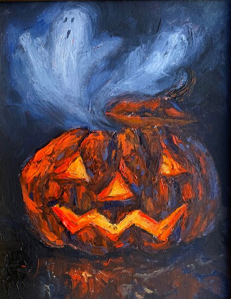 Two spooky ghosts swirl from within a glowing lit jack o' lantern in this whimsical Halloween artwork! Hand-painted in oil paint on stretched canvas, this artwork was then scanned to make high-quality prints. It makes the perfect spooky accent for your Halloween home!  These photographic prints are printed on matte-finish photo paper. They are signed by me on the back.  The prints are unframed but can easily be set in a bookshelf for casual display. The size of this print is 9x12 inches. Copyright 2023-2024 Halloween Hill Studio Lantern Ghost, Two Spooky, Halloween Canvas Paintings, Halloween Kunst, Haunted Halloween, Jack O'lantern, 2024 Halloween, Whimsical Halloween, Halloween Artwork