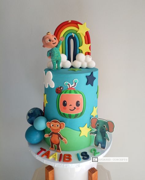 Cocomelon Cake For 1st Birthday, Cocomelon Cake For Twins, Cocomelon Fondant Cake, 2 Tier Cocomelon Themed Cake, Cocomelon Theme Cake, Cocomelon Two Tier Cake, Cocomelon 1st Birthday, Cocomelon Birthday Cake, Birthday Cake Rainbow