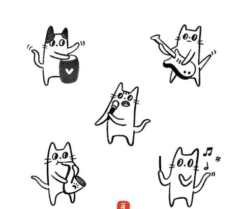 Rockstar Cat Drawing, Cat Singing Drawing, Cat Standing Drawing, Japanese Cat Illustration, Guitar Doodle, Japanese Mascot, Singing Drawing, Dancing Drawing, Cat Doodles