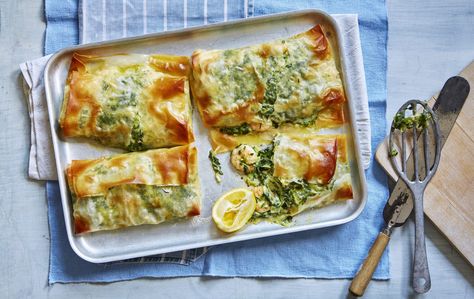 Filo Parcels With Creamy Prawns And Spinach | Dinner Recipes | Woman&home Creamy Prawns, Mushroom Filo Recipes, Salmon Filo Pastry Recipes, Filo Spinach And Feta, Spinach And Feta Filo Parcels, Spinach And Feta Pastry Filo, Spinach Dinner Recipes, Spinach Dinner, Filo Parcels