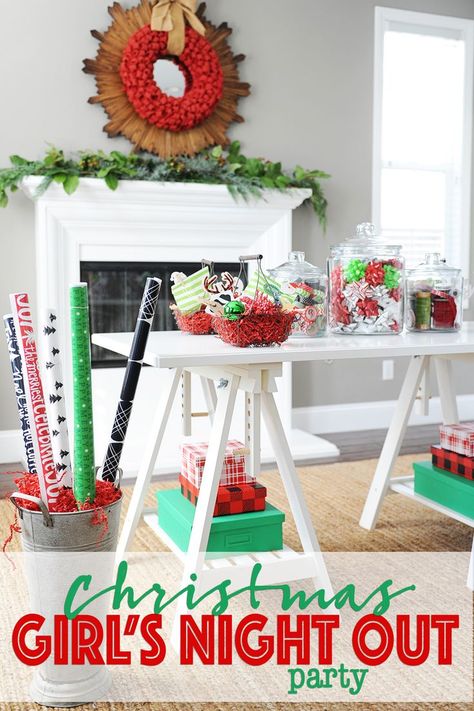 This fun Christmas party idea is perfect for a girl's night out.  Have fun and check gift wrapping off of your to-do list.  Get all the details on hosting this party here. #partyideas #Christmas #party #PinkPeppermintDesign Girls Night Christmas Party, Girls Night Christmas, Ladies Christmas Party, Fun Christmas Party Ideas, Girls Christmas Party, Christmas Party Ideas, Adult Christmas Party, Christmas Staircase, Christmas Party Themes