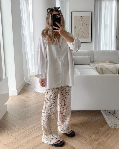 Summer Outfits White Pants, Crochet Pants Outfit, Black Crochet Pants, Sheer Outfits, White Pants Outfit Summer, Surgery Aesthetic, Trending 2024, Crochet Pants, Aesthetic Outfit Ideas