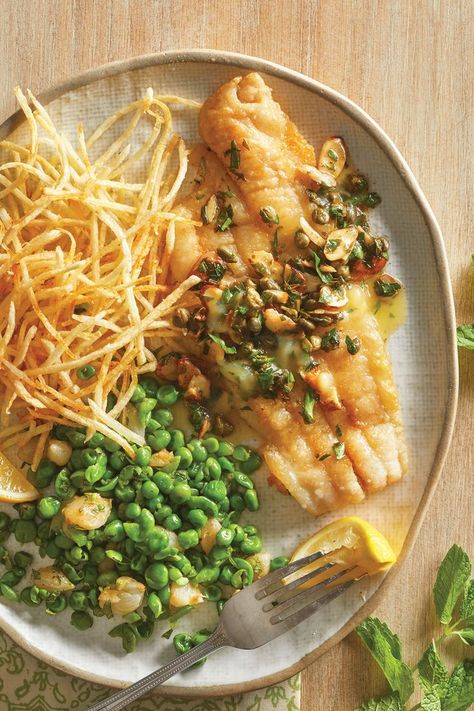 Mashed Peas, English Fish And Chips, Shoestring Fries, Gremolata Recipe, French Butter, Freeze Greens, Cook Smarts, French Cooking, Sea Bass