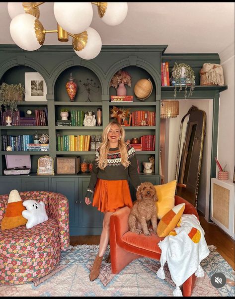 Grand Millennial Library, Maximalist Home Office Decor, Parlour Design Interiors At Home, Eclectic Library Room, Funky Built In Shelves, Pink Home Library, Kids Library Room Ideas, Over The Door Shelf, Library Playroom