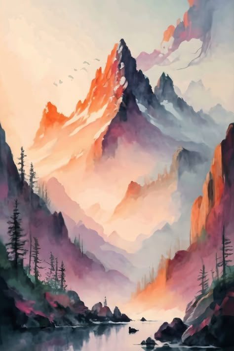 Soft Pastel Mountains, Misty Mountains Painting Acrylic, Watercolor Art Fantasy Landscape, Misty Mountain Painting, Mountain Sunrise Painting, Alaska Watercolor, Spiritual Watercolor, Misty Watercolor, Easy Watercolour Painting