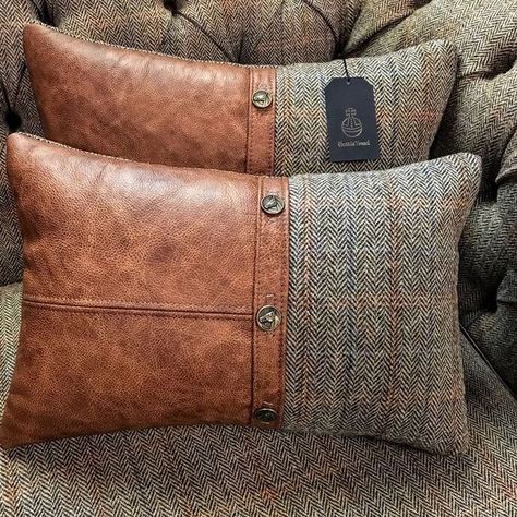 Leather Scatter Cushions, Tweed Interior Design, Leather Home Decor Diy, Leather Cushion Covers, Leather Cushions Ideas, Leather Decor Ideas, Leather Pillows On Couch, Harris Tweed Crafts, Tweed Crafts