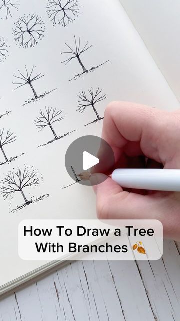 How To Draw A Tree Branch, Drawing Ideas Trees Nature, Tree With Falling Leaves Drawing, Simple Trees Drawing, Landscape Ideas Sketch, Drawing Trees Simple, Draw Tree Easy, Tree Outline Drawing, How To Draw A Tree