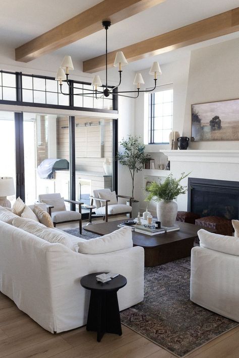 Living Room — Kathleen Post Stained Beam, Laundry Room Paint, Kathleen Post, Beige Cabinets, Cabinetry Hardware, Pedestal Coffee Table, Living Room Reveal, Bedroom Reveal, Beige Tile