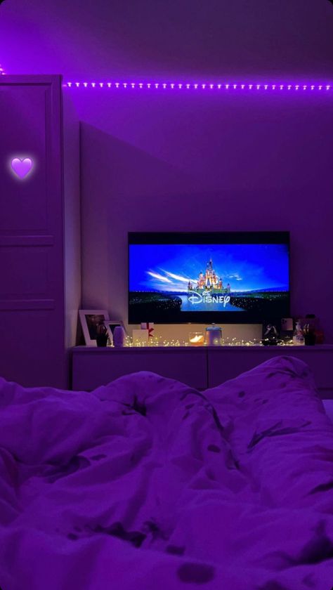 Led Lit Bedroom, Led Purple Bedroom, Purple Lit Bedroom, Neon Purple Bedroom Aesthetic, Led Purple Lights Bedroom, Bedroom Purple Led, Girly Room Decor, Neon Bedroom, Room Organization Bedroom