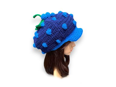 Crochet Bumps, Blueberry Accessories, Crochet Muffin, Fruity Aesthetic, Blueberry Crochet, Crochet Blueberry, Crazy Hat, Crazy Hat Day, Hat Day