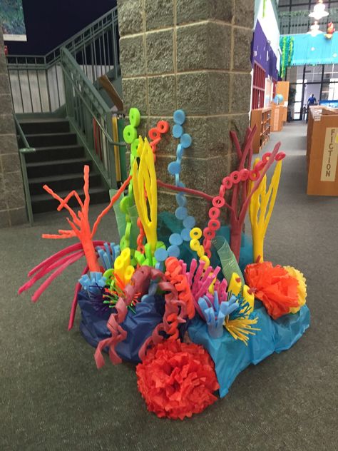 One of 2 “coral reefs” for “Dive Into Reading” theme. Dive Into Reading, Ocean Commotion Vbs, Submerged Vbs, Value Of Life, Answers In Genesis, Under The Sea Decorations, Mermaid Theme Birthday Party, Sea Decor, Vbs Crafts