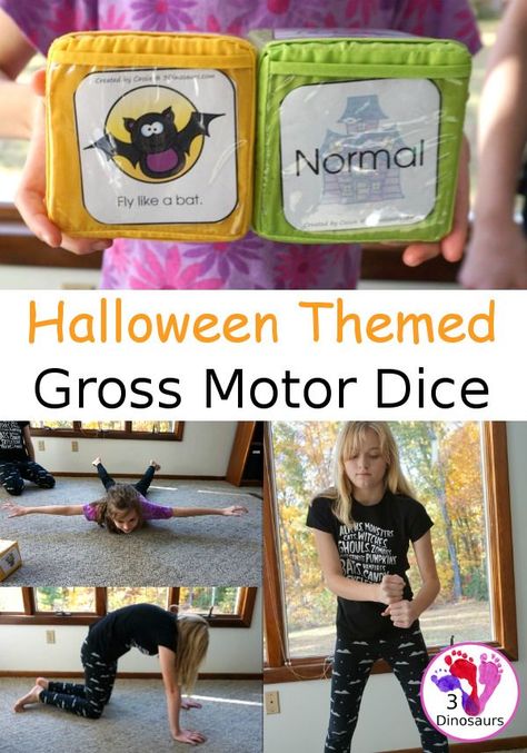 Free Halloween Themed Gross Motor Dice - 3Dinosaurs.com #printablesforkids  #freeprintable #3dinosaurs #grossmotor #grossmotordice #3dinosaurs Halloween Gross Motor, October Lesson Plans, October Lessons, Monster Activities, Gross Motor Activity, 3 Dinosaurs, Halloween Preschool, Gross Motor Activities, Education Activities