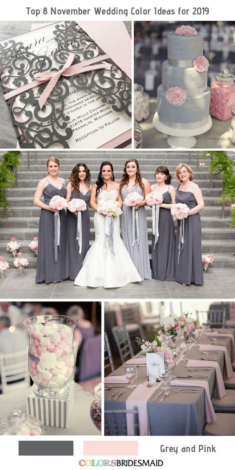 November Wedding Dresses, November Wedding Colors, Colour House, Hunter Green Bridesmaid Dress, Pink Grey Wedding, Gray Wedding Cake, Maroon Bridesmaid, Gray Wedding Colors, Maroon Bridesmaid Dresses