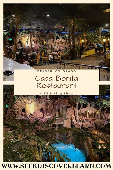 On your next family vacation to Denver, Colorado make sure you add Casa Bonita Mexican Restaurant to your list of things to do. Casa Bonita is a fun restaurant with cliff divers, family friendly entertainment, shows every 15 minutes, puppet shows, all you can eat sopapillas. From your toddler to your teen or tween, your kids will have so much fun. It's the perfect stop while on spring break or fall break, or even during summer or winter travel. A great restaurant to enjoy on a road trip. Denver Colorado Vacation, Colorado Places To Visit, Colorado Vacation Summer, Colorado Family Vacation, Fun Restaurant, Denver Vacation, Denver Restaurants, Themed Restaurant, Denver Travel