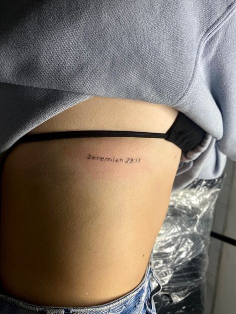 Faith Tattoo Ribs, Bible Verse Placement Tattoo, Bible Verse Tattoos On Ribs, Bible Verse On Ribs Tattoo, Dainty Bible Tattoos, Fine Line Tattoo Bible Verse, Patchwork Tattoo Ideas Christian, Rib Tattoos For Women Bible Verse, Small Tattoos Bible Verses