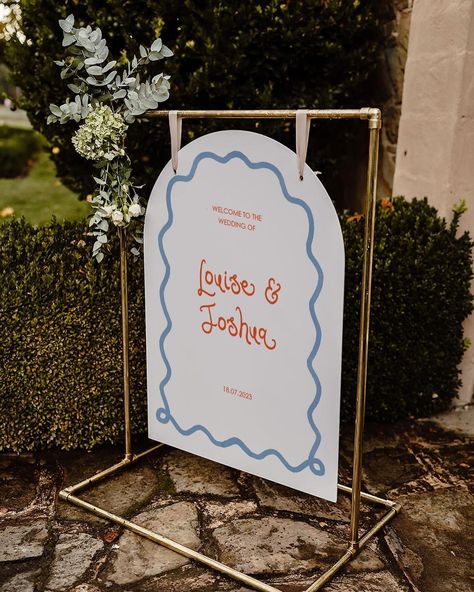 Colourful Wedding Welcome Sign, Fun Welcome Signs Wedding, Colourful Welcome Sign, Wedding Welcome Sign Unique, Welcome Wedding Sign Ideas, Quirky Wedding Signs, Wavy Wedding Signage, Cool Wedding Signs, Wavy Wedding Sign