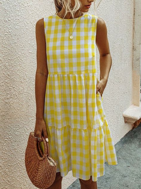 Color: Black, Blue, Yellow, Red Material: Cotton Pattern: Plaid Sleeves Length: Sleeveless Fit Type: Loose Collar: O-neck Season: Summer Outfit Plaid Pants, Balck Dress, Yellow Plaid Dress, Plaid Summer Dress, A Line Mini Dress, Sewing Decor, Plaid Skirt Outfit, Style Fall Outfits, Women Summer Dresses