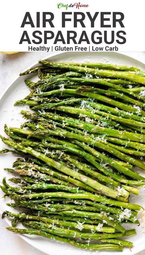 Air Fryer Asparagus recipe, a delicious and healthy dinner side ready to serve in just 17 mins. You will love the roasted, air-fried flavor with parmesan cheese and lemon. So addictive! #airfryerasparagus #asparagus #lowcarb #lowoil #healthysides #healthydinnersides #asparagusrecipes #parmesanasparagus #cookingasparagus #glutenfree Healthy Dinner Sides, Ways To Cook Asparagus, Parmesan Asparagus, Asparagus Fries, Quick Healthy Dinner, Parmesan Recipes, Fresh Asparagus, How To Cook Asparagus, Roasted Asparagus