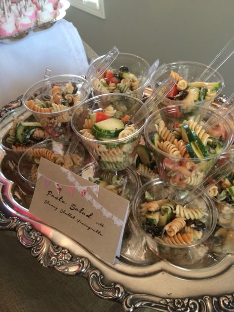 Bridal Shower Pasta Salad Cups, Pasta Salad Individual Cups, Tea Party Themed Charcuterie Board, Vintage Tea Party Food Ideas, Single Serve Party Food In Cups, September Birthday Party Food, Afternoon Shower Food, Pasta In Cups For Party, Single Serve Food Ideas For Party