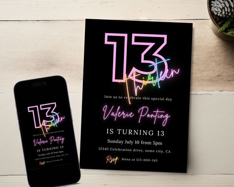 13th Birthday Invitation Girl, Pink Neon Birthday Invites, Rainbow Teenager Birthday Party Template, Digital, Printable or Text Canva 47 by PaperDoodleCreation on Etsy Glow Up Party Invitations, Neon Themed Party Invitations, Neon Birthday Party Invitations, Neon Birthday Invitations, 13th Birthday Invitations Zazzle, Birthday Party Template, Teenage Birthday Party, 13th Birthday Invitations, Teenager Birthday