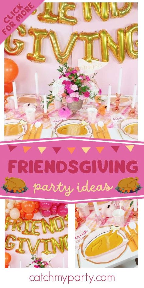 Check out this wonderful pink Friendsgiving party! The table settings are lovely! See more party ideas and share yours at CatchMyParty.com Friendsgiving Birthday Party Kids, Girly Friendsgiving, Friendsgiving Birthday Party, Teen Friendsgiving Party Ideas, Kids Friendsgiving Party Ideas, Pink Friendsgiving, Friendsgiving Ideas Decorations, Friendsgiving Party Ideas, Thanksgiving Birthday Party