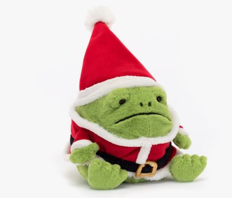 This is so cute! I want it for christmas🎄⛄️❄️ Jellycat Christmas, Ricky Rain Frog, Rain Frog, Cord Belt, Jellycat Stuffed Animals, Jelly Cat, Green Fur, Santa Outfit, Childrens Gifts