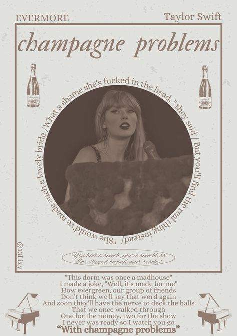 Champagne problems- Taylor swift- evermore- the eras tour- poster Champagne Problems Aesthetic, Champagne Problems Poster, Evermore Poster, Bedroom Board, Album Wall, One For The Money, Album Posters, Champagne Problems, Aesthetic Posters